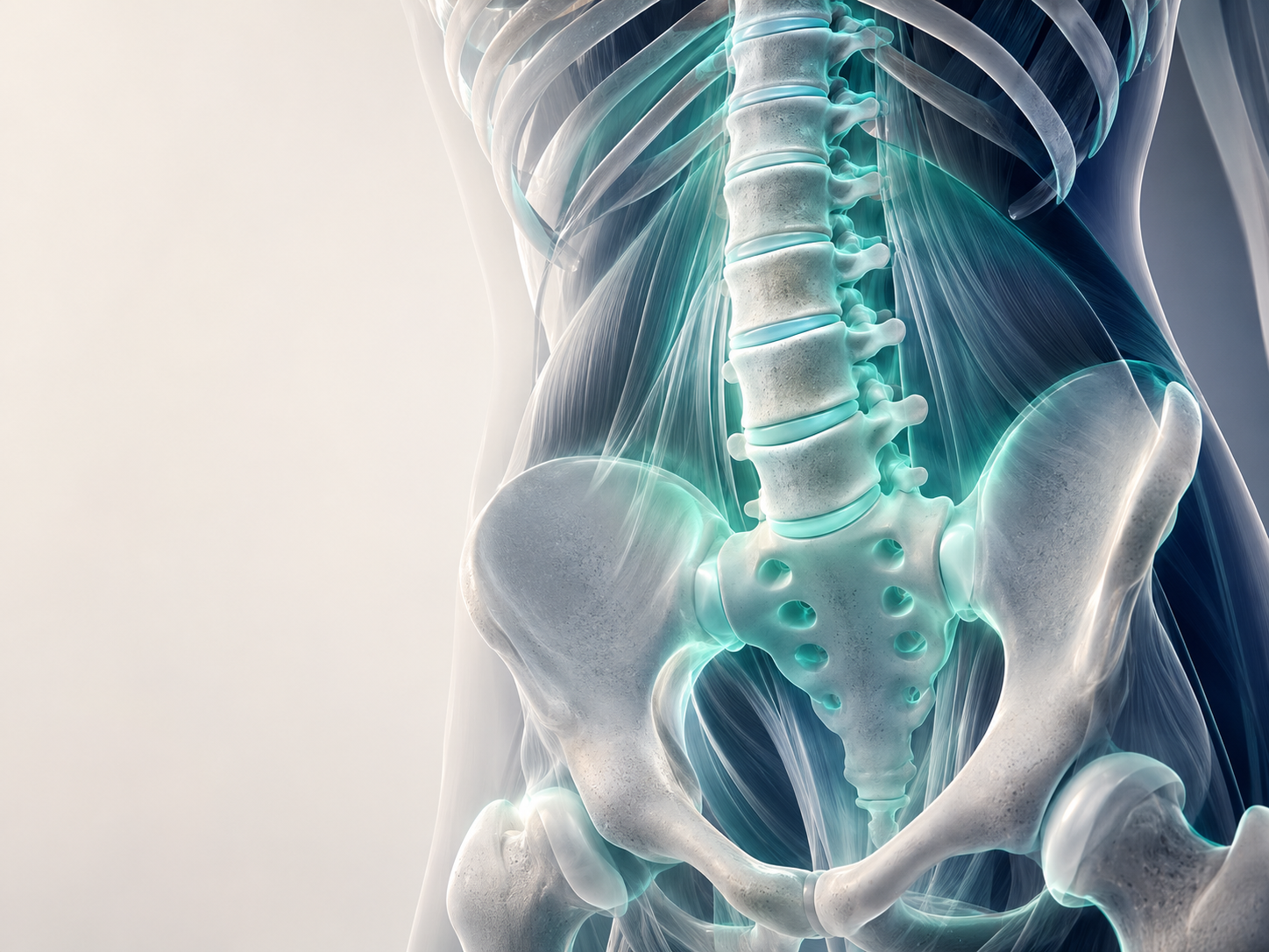 Modelo tridimensional da coluna lombar e pelve usado na explicação da dor lombar no consultório Osteogyn em Goiânia